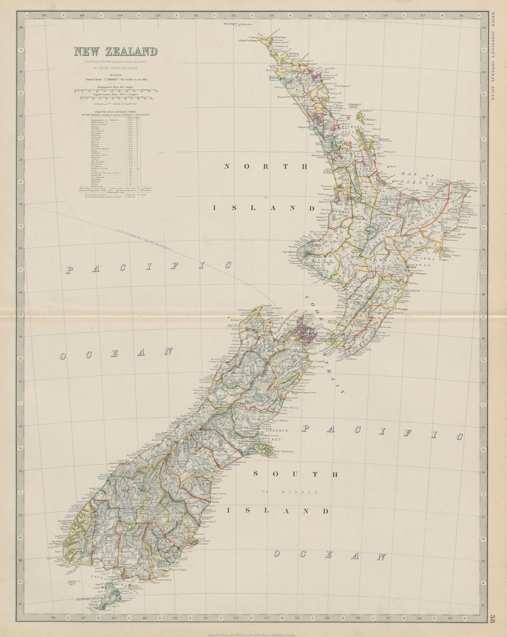 New Zealand showing counties. Large 50x60cm. JOHNSTON 1879 old antique map