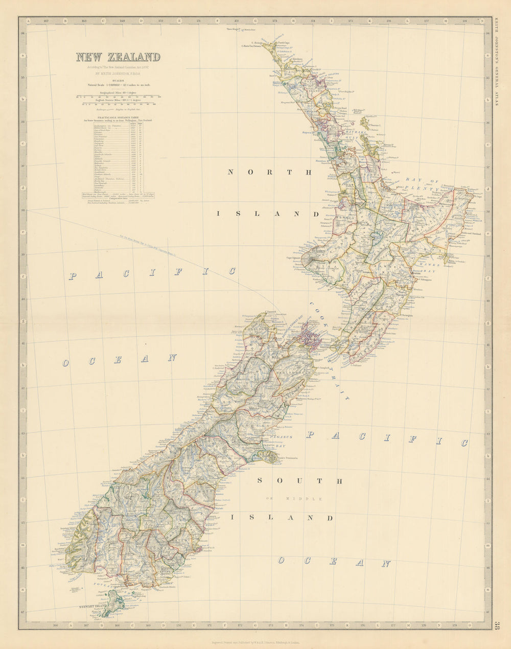 New Zealand showing counties. Large 50x60cm. JOHNSTON 1879 old antique map