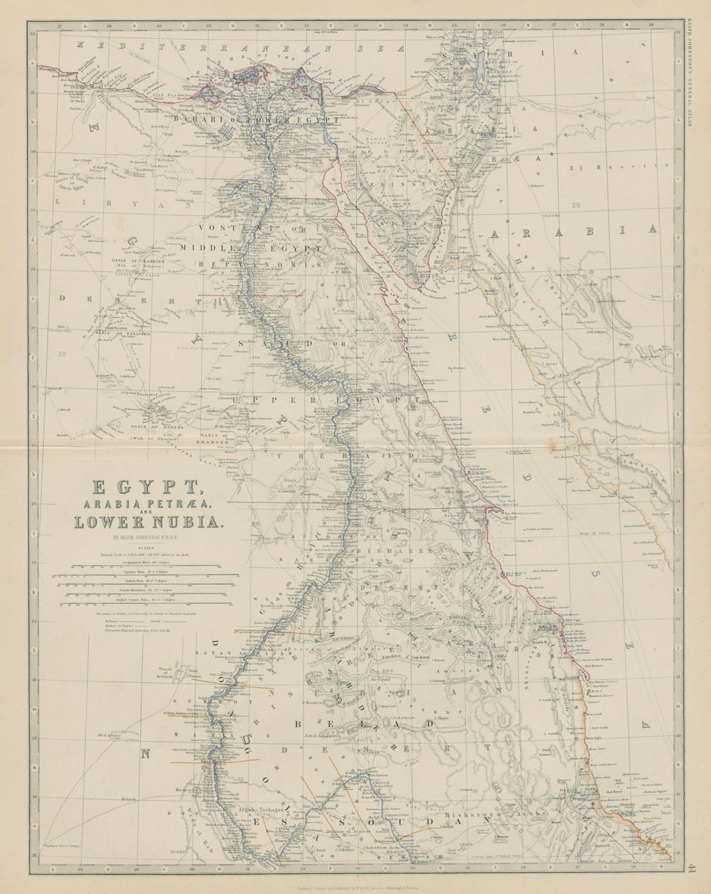 Egypt, Arabia Petraea & Lower Nubia. Nile valley. 50x60cm. JOHNSTON 1879 map