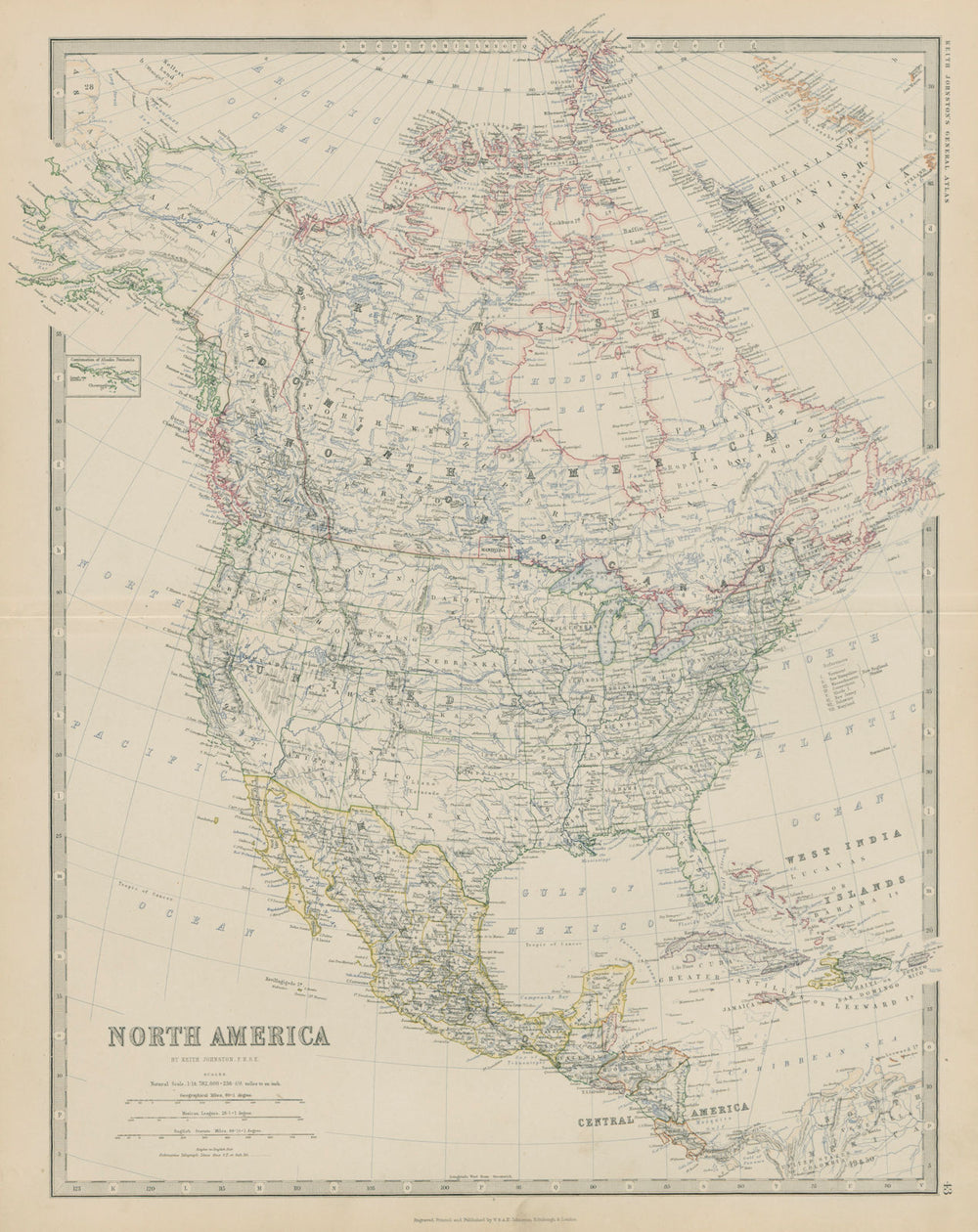 North America. United States Danish America Greenland 50x60cm. JOHNSTON 1879 map