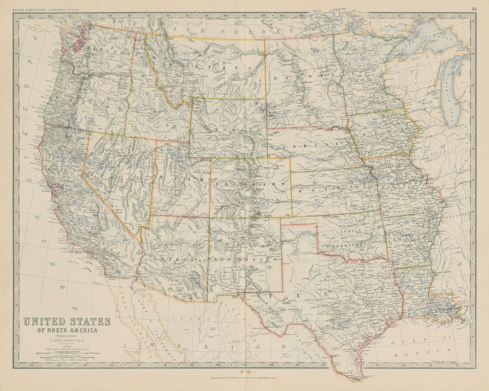 United States of North America (Western States). USA. 50x60cm. JOHNSTON 1879 map