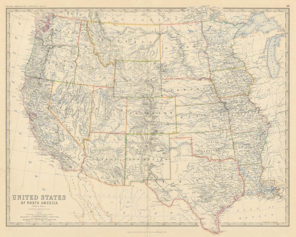 United States of North America (Western States). USA. 50x60cm. JOHNSTON 1879 map
