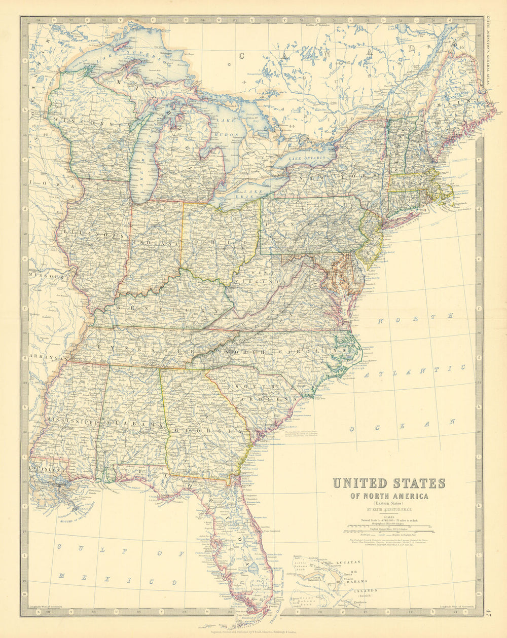 United States of North America (Eastern States). USA. 50x60cm. JOHNSTON 1879 map