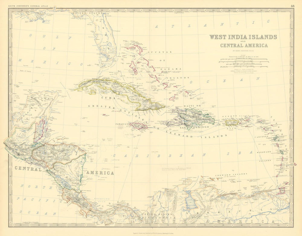 West India Islands & Central America. Caribbean. 50x60cm. JOHNSTON 1879 map