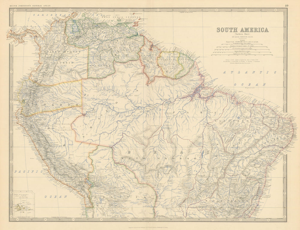 South America (North). Brazil Colombia Peru &c. 50x60cm. JOHNSTON 1879 old map