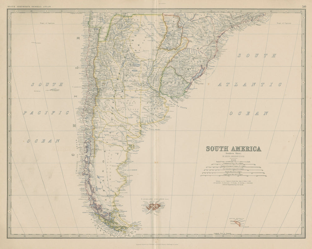 South America (South). Argentina Chile Uruguay. 50x60cm. JOHNSTON 1879 old map