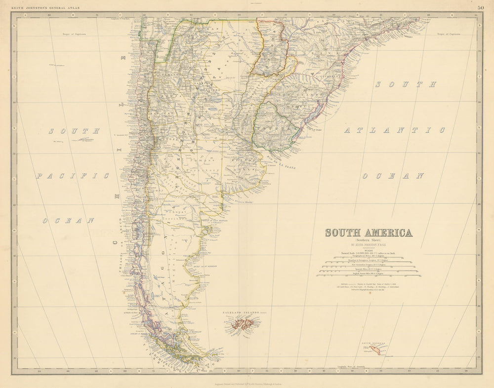 South America (South). Argentina Chile Uruguay. 50x60cm. JOHNSTON 1879 old map
