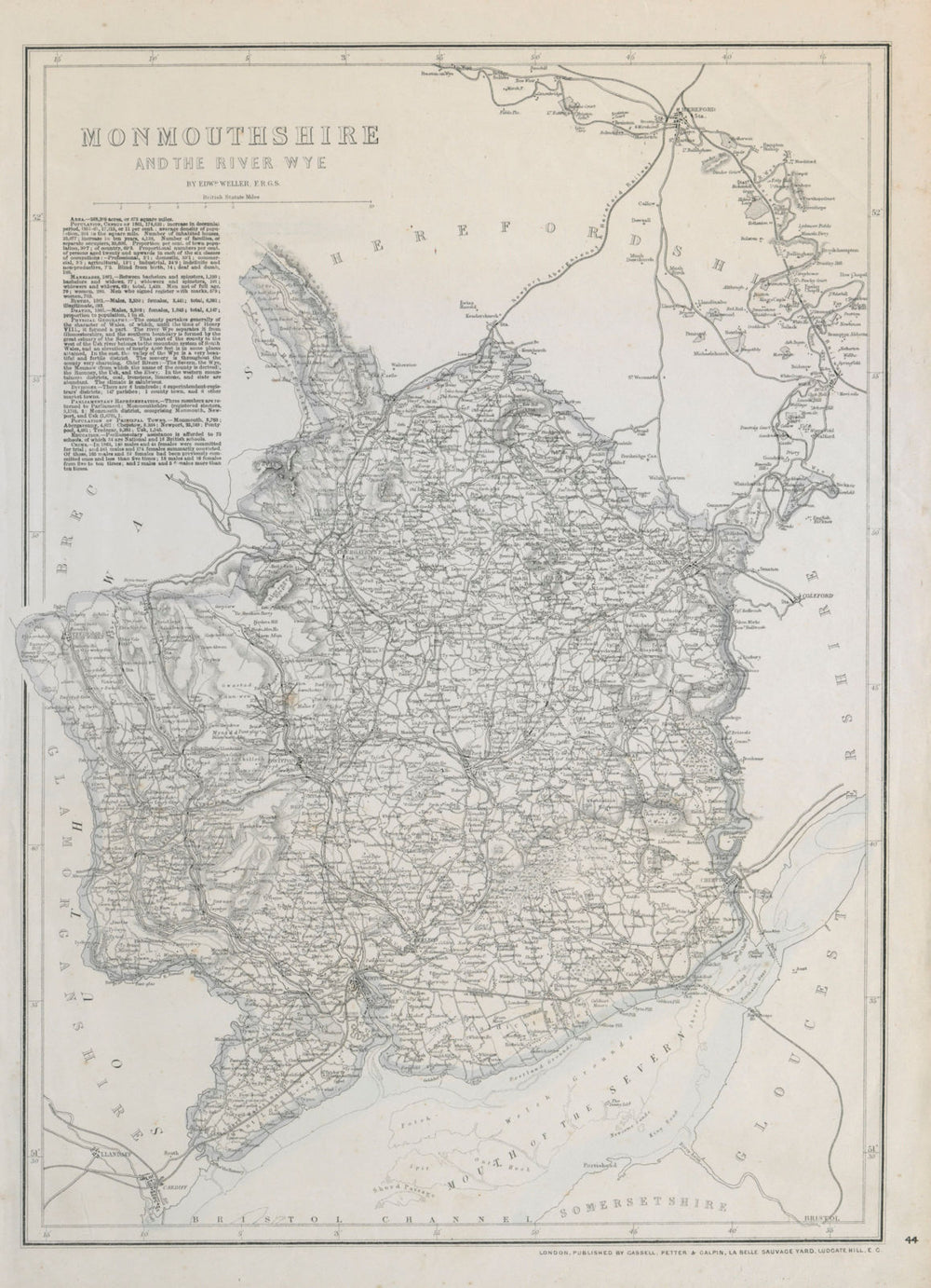 RIVER WYE VALLEY & MONMOUTHSHIRE. Antique county map. Railways. WELLER c1865