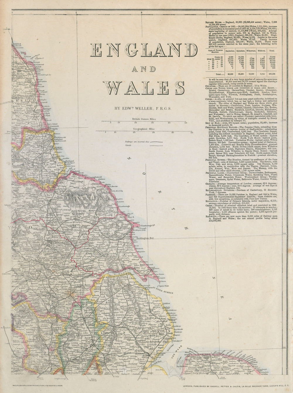 ENGLAND NORTH EAST COAST Lincs Yorks Durham Northumbs. >Berwick WELLER c1863 map