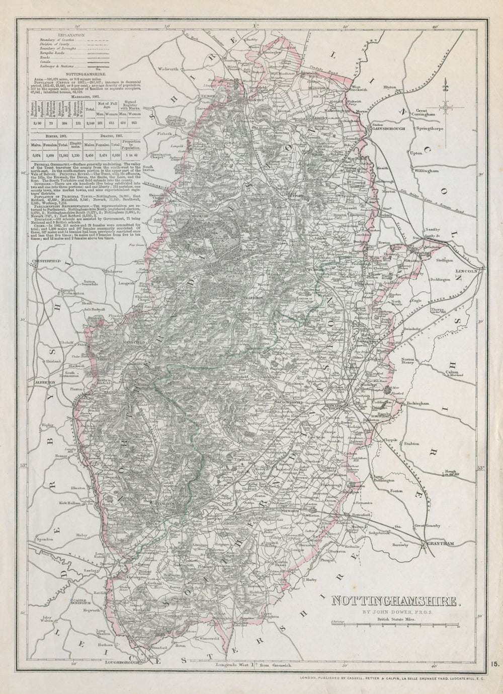 NOTTINGHAMSHIRE. Antique county map. Railways Dukeries. DOWER c1865 old