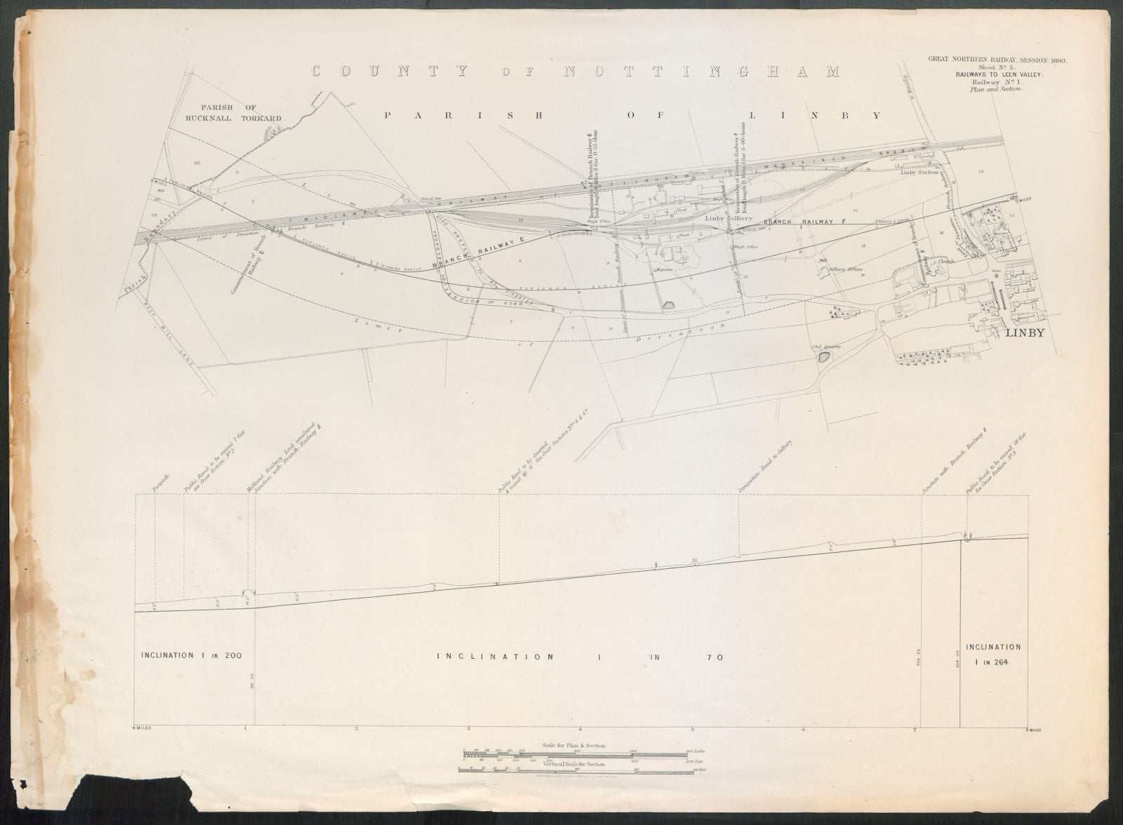 Linby Colliery GNR railway plan. Linby village & colliery, Nottinghamshire 1880 old ...