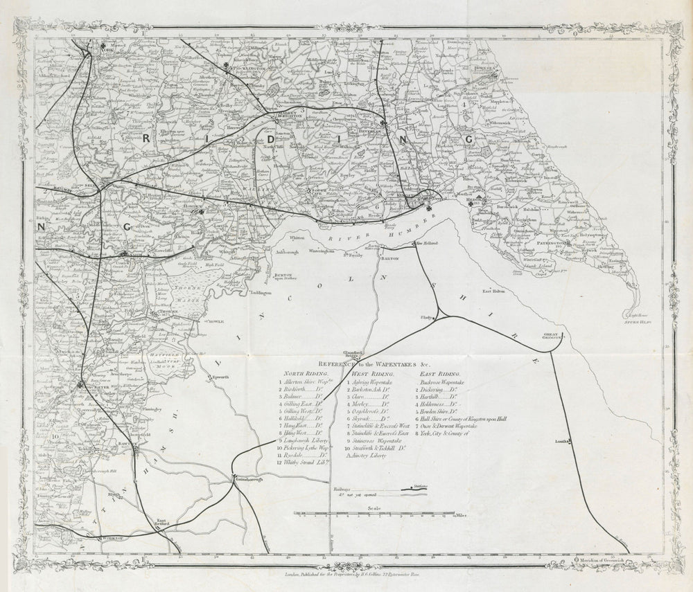 Yorkshire/Humber railway map. York Beverley Hull Doncaster Selby. COLLINS c1850