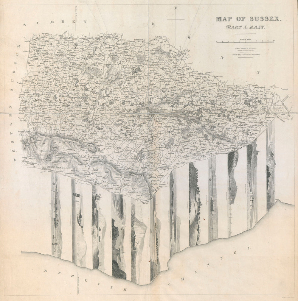East Sussex antique county map w/ coastal/town panorama vignettes BR DAVIES 1834