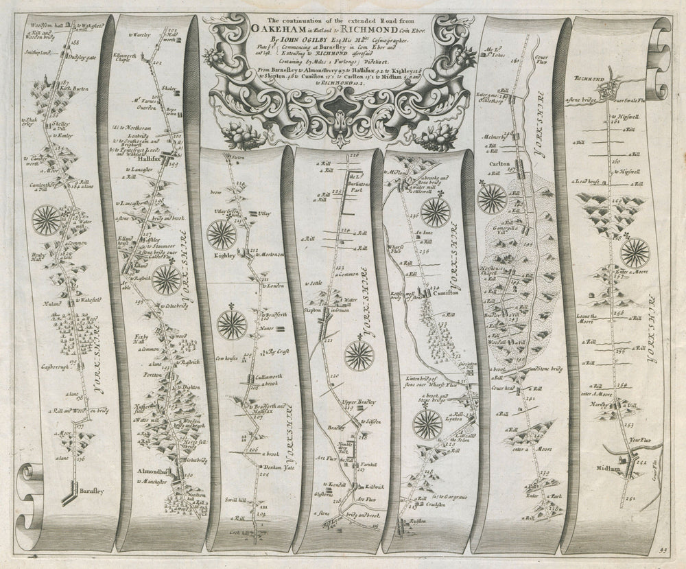 Barnsley - Huddersfield - Halifax - Skipton - Richmond. OGILBY road map #49 1675
