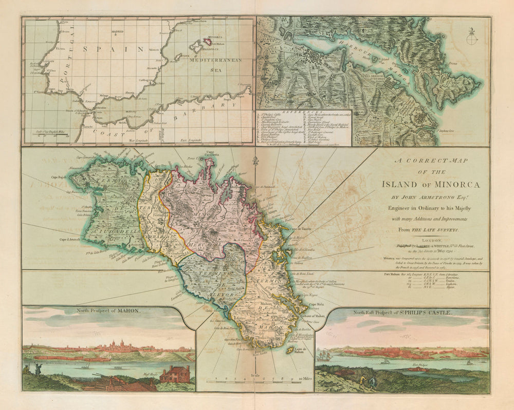 "A correct map of the Island of Minorca", by LAURIE & WHITTLE. Menorca 1794