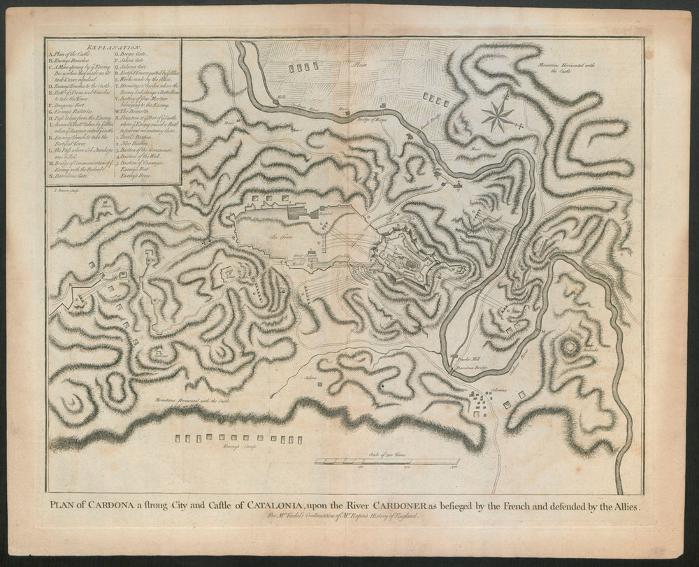"Plan of Cardona", during 1714 siege. Catalonia. BASIRE c1747 old antique map