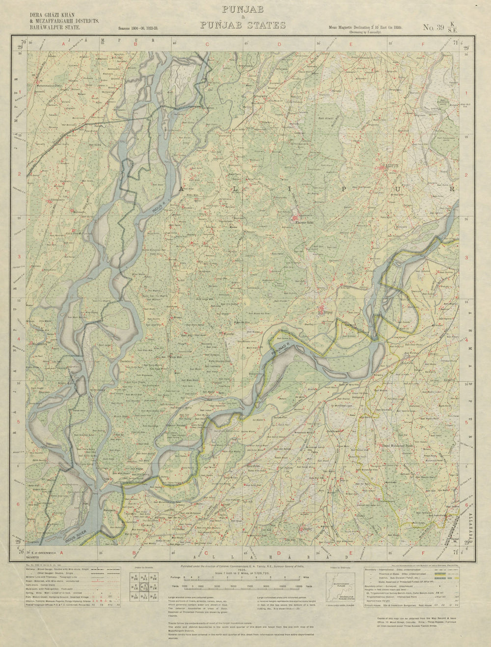 SURVEY OF INDIA 39 K/SE Pakistan Punjab Alipur Seetpur Janpur Indus 1926 map