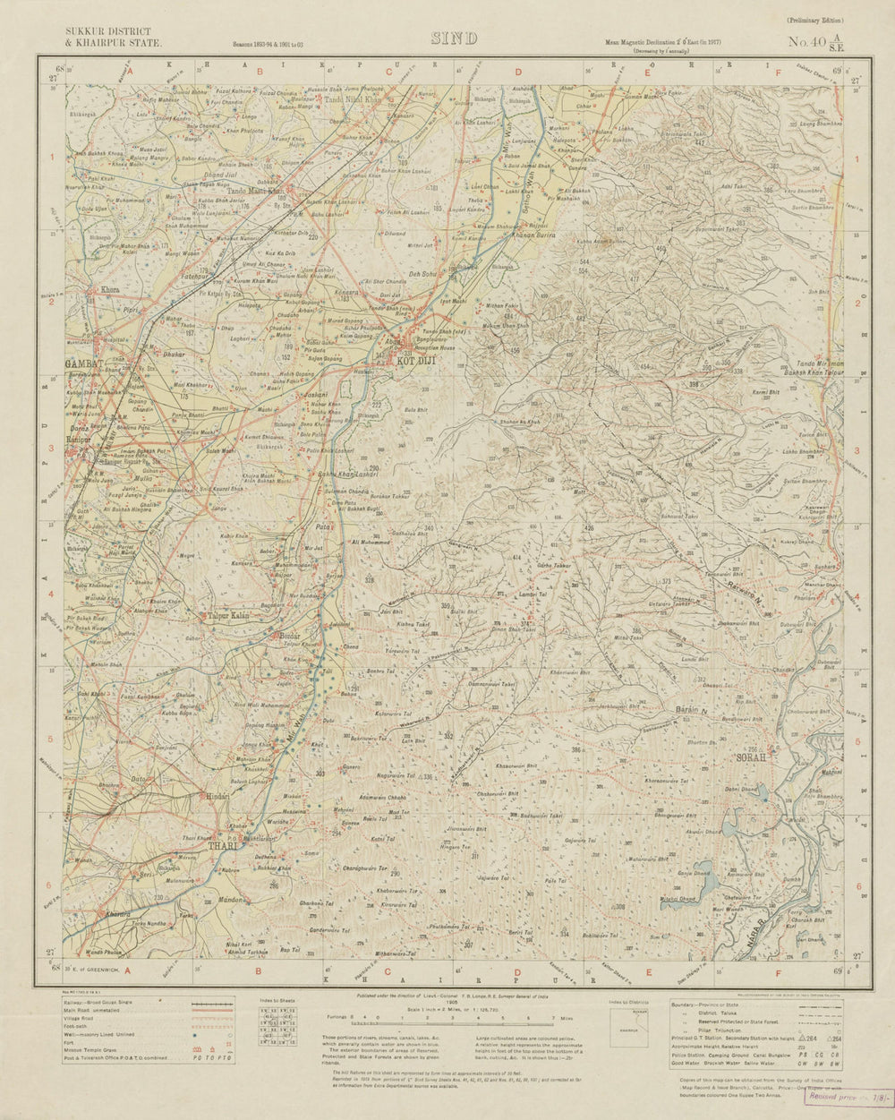 SURVEY OF INDIA 40 A/SE Pakistan Sindh Kot Diji Gambat Ranipur Thari 1905 map