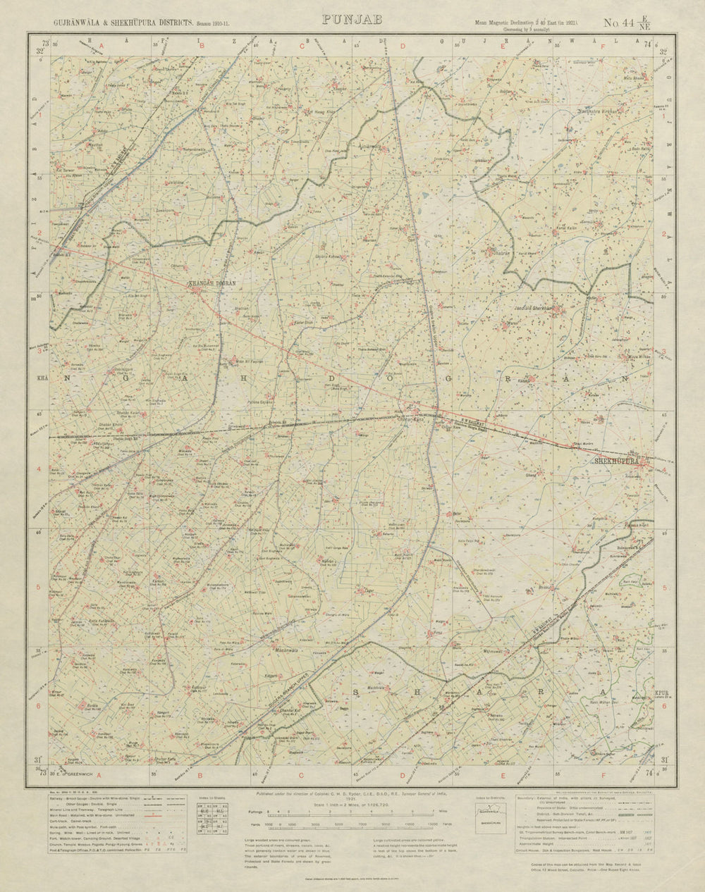 SURVEY OF INDIA 44 E/NE Pakistan Punjab Shekhupura Kangah Dogran 1921 old map