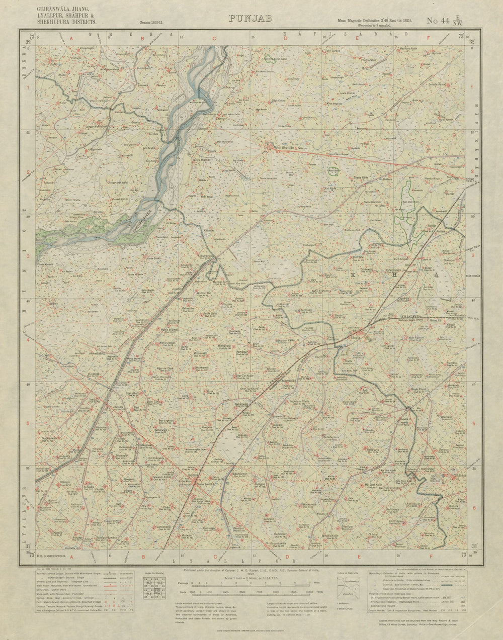 SURVEY OF INDIA 44 E/NW Pakistan Punjab Faisalabad Chiniot Shahkot 1921 map