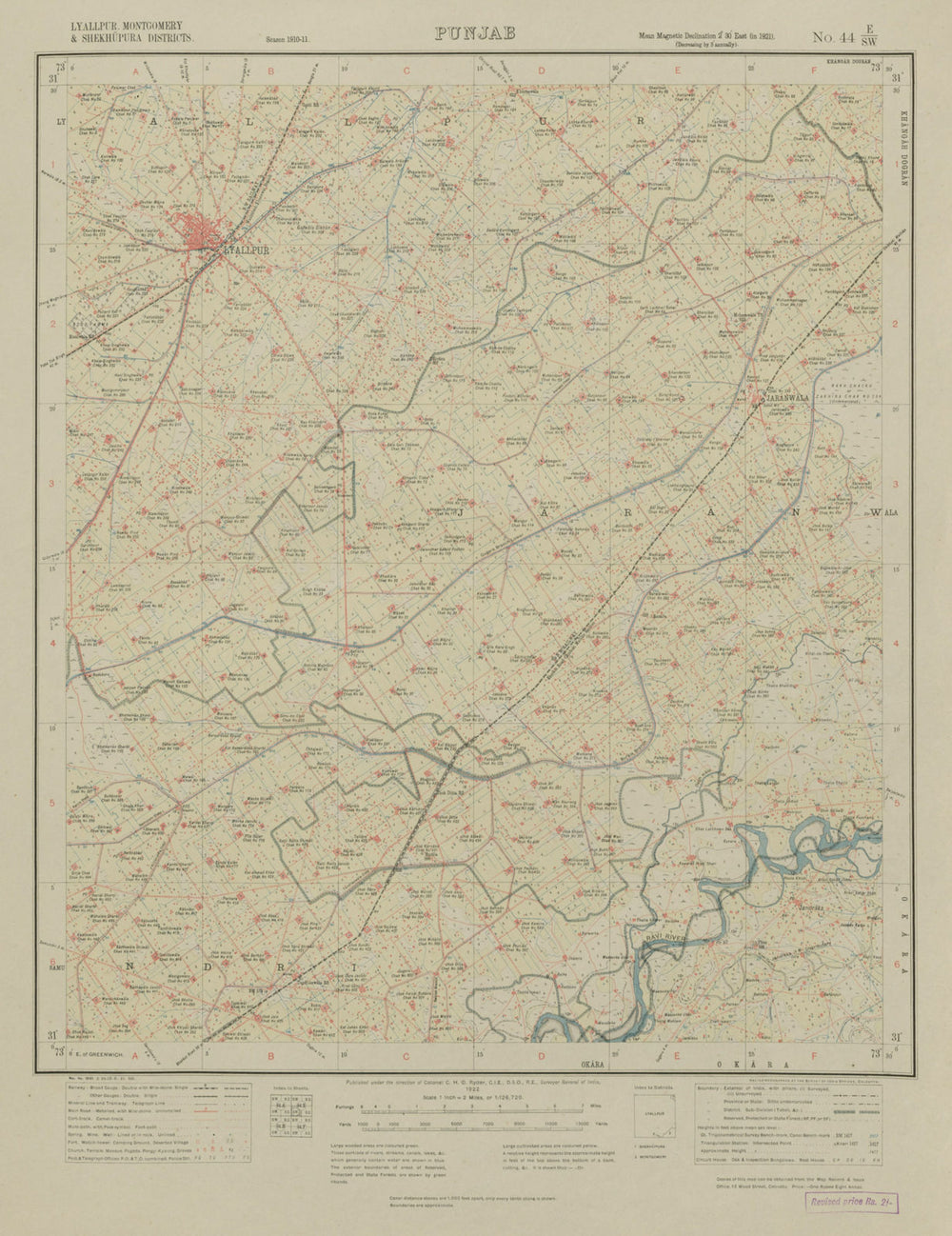 SURVEY OF INDIA 44 E/SW Pakistan Punjab Faisalabad (Lyallpur) Jaranwala 1922 map