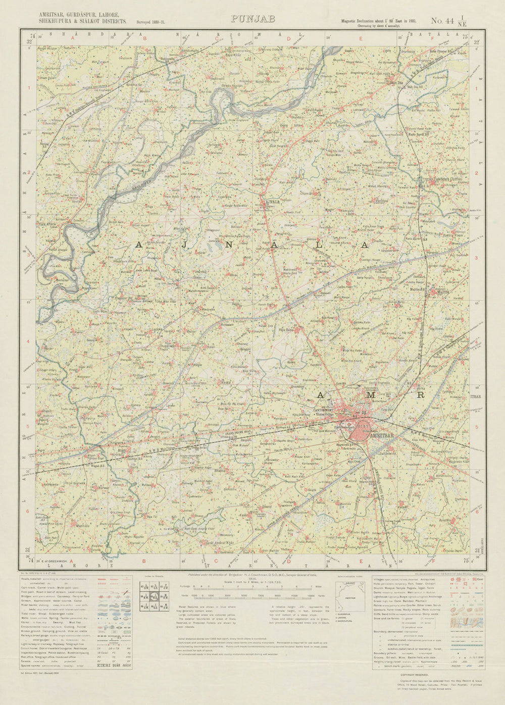 SURVEY OF INDIA 44 I/NE Punjab Amritsar Attari Ajnala Fategarh Majitha 1934 map