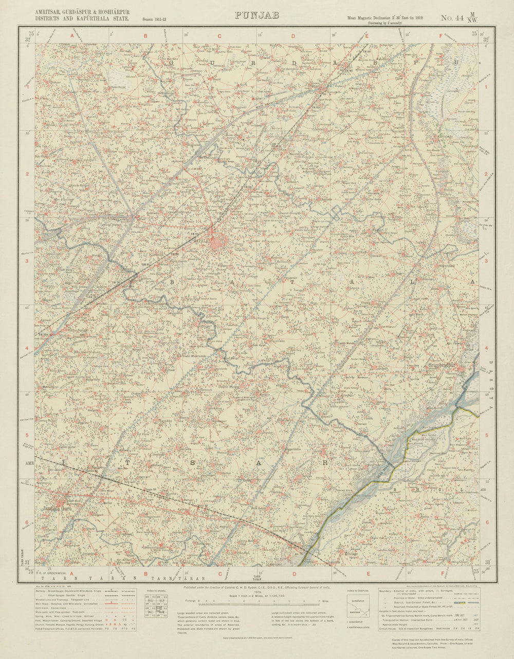 SURVEY OF INDIA 44 M/NW Pakistan Punjab Batala Jandiala Hargobindpur  1919 map