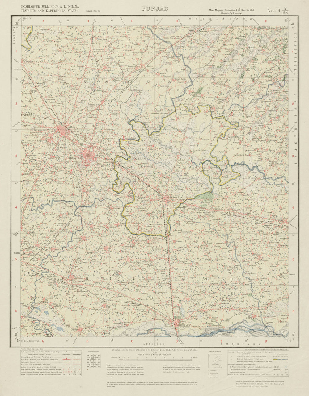 SURVEY OF INDIA 44 M/SE Pakistan Punjab Jalandhar Phillaur Phagwara 1920 map