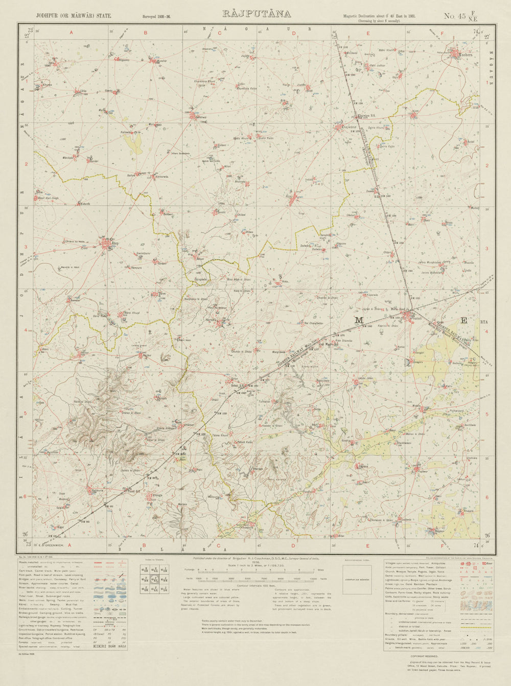SURVEY OF INDIA 45 F/NE Rajasthan Kuchera Asop Merta Road Kuchera Run 1936 map