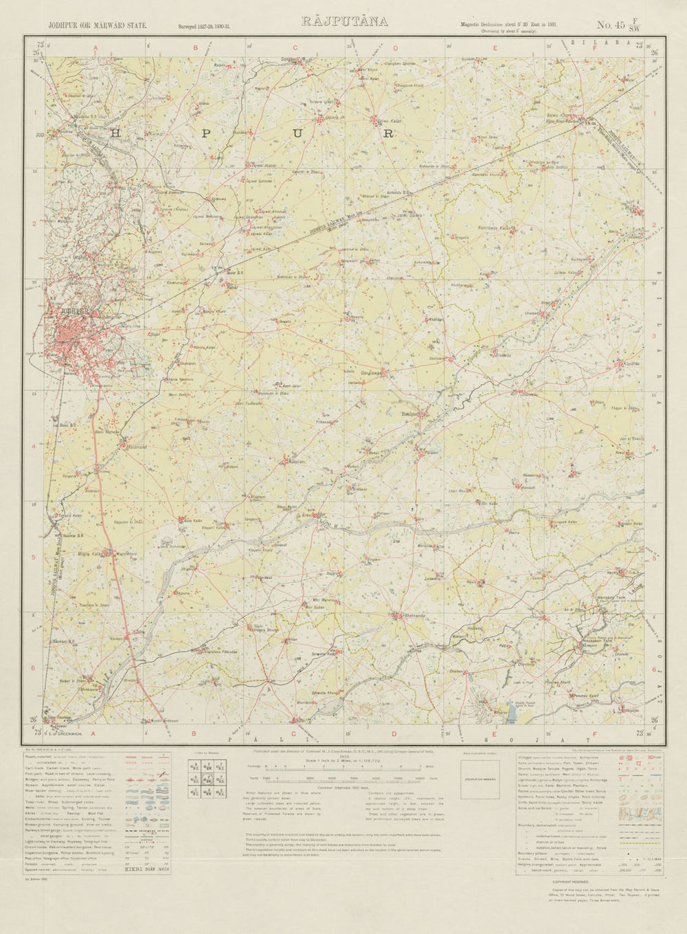 SURVEY OF INDIA 45 F/SW Rajasthan Jodhpur Luni River Bisalpur 1933 old map