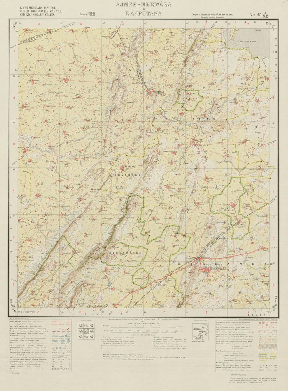 SURVEY OF INDIA 45 J/NE Rajasthan Kishangarh Roopangarh Parbatsar 1933 old map