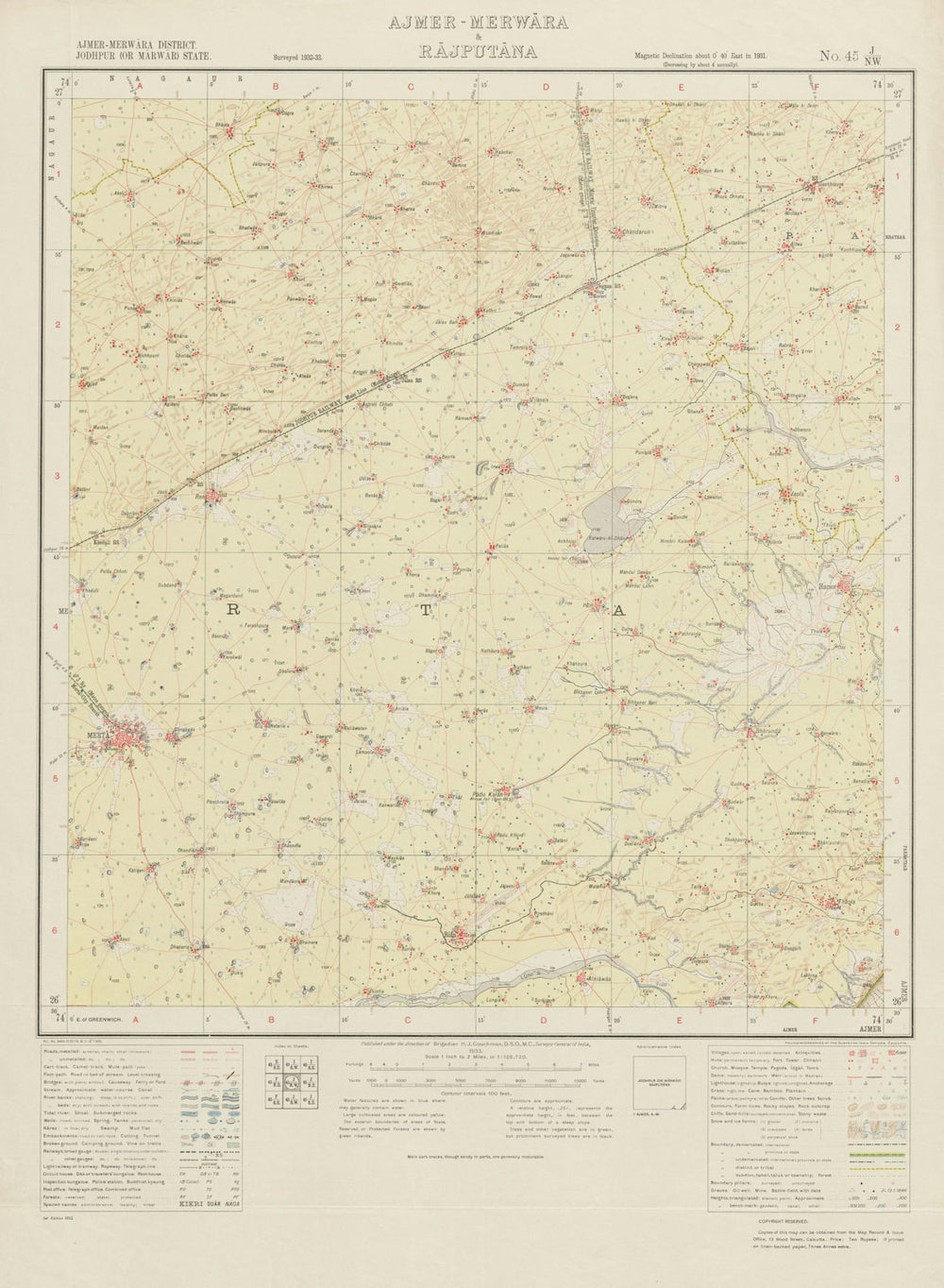 SURVEY OF INDIA 45 J/NW Rajasthan Merta City Degana Thanwala Riyan Bari 1933 map