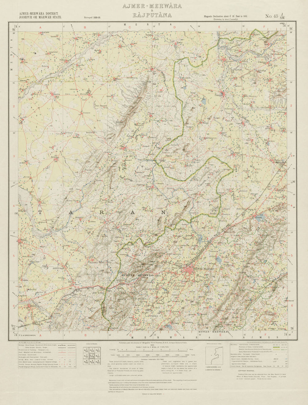 SURVEY OF INDIA 45 J/SW Rajasthan Beawar Bar Nimaaj Ras Fort Pisangan 1931 map