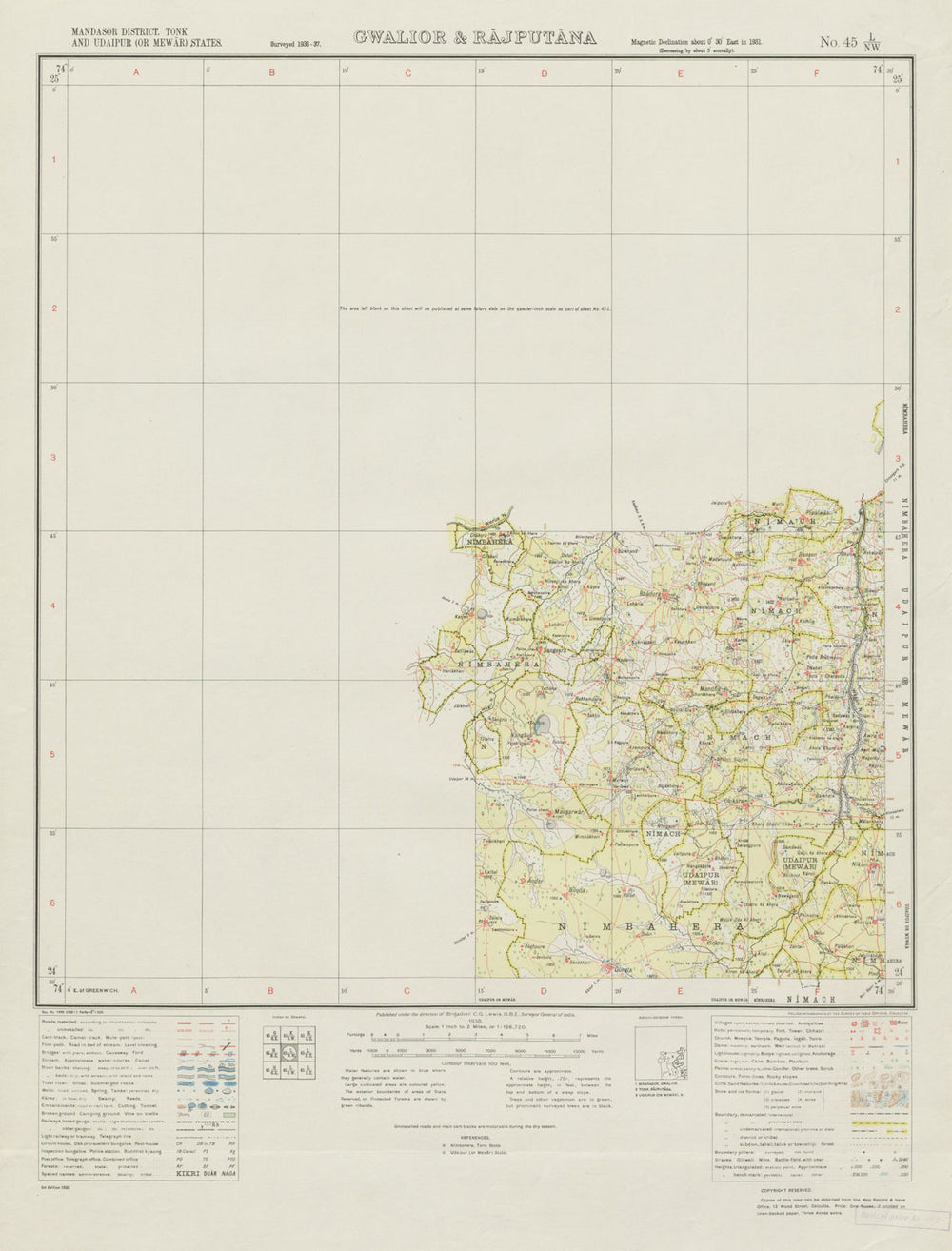 SURVEY OF INDIA 45 L/NW Rajasthan Chikarda Mandfiya Mangalwar Nagawali 1938 map