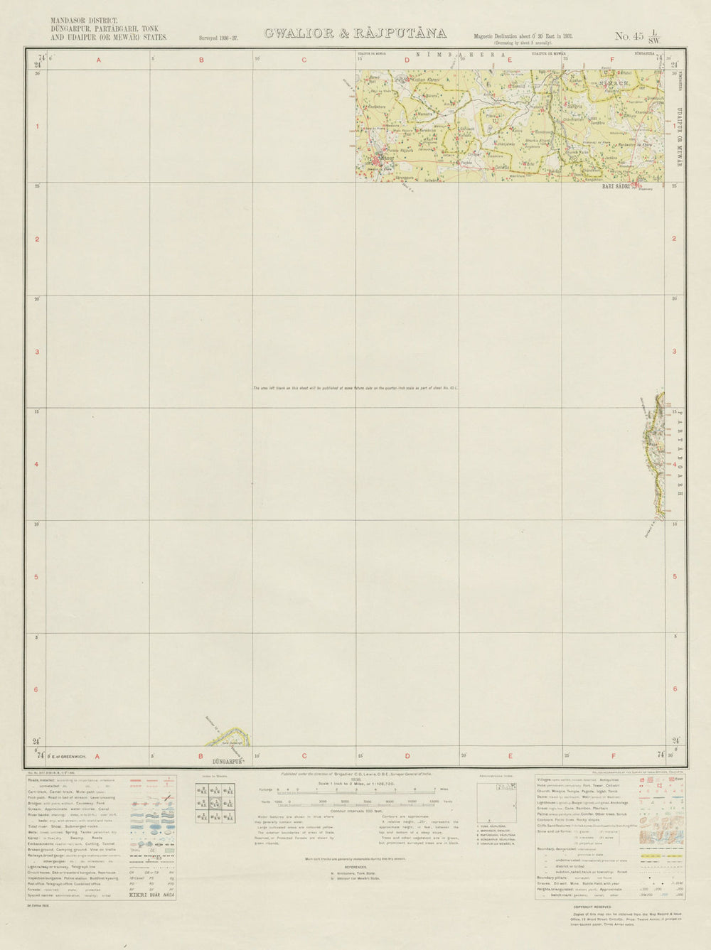 SURVEY OF INDIA 45 L/SW Rajasthan & Madhya Pradesh Kanore Bari Sadri 1938 map