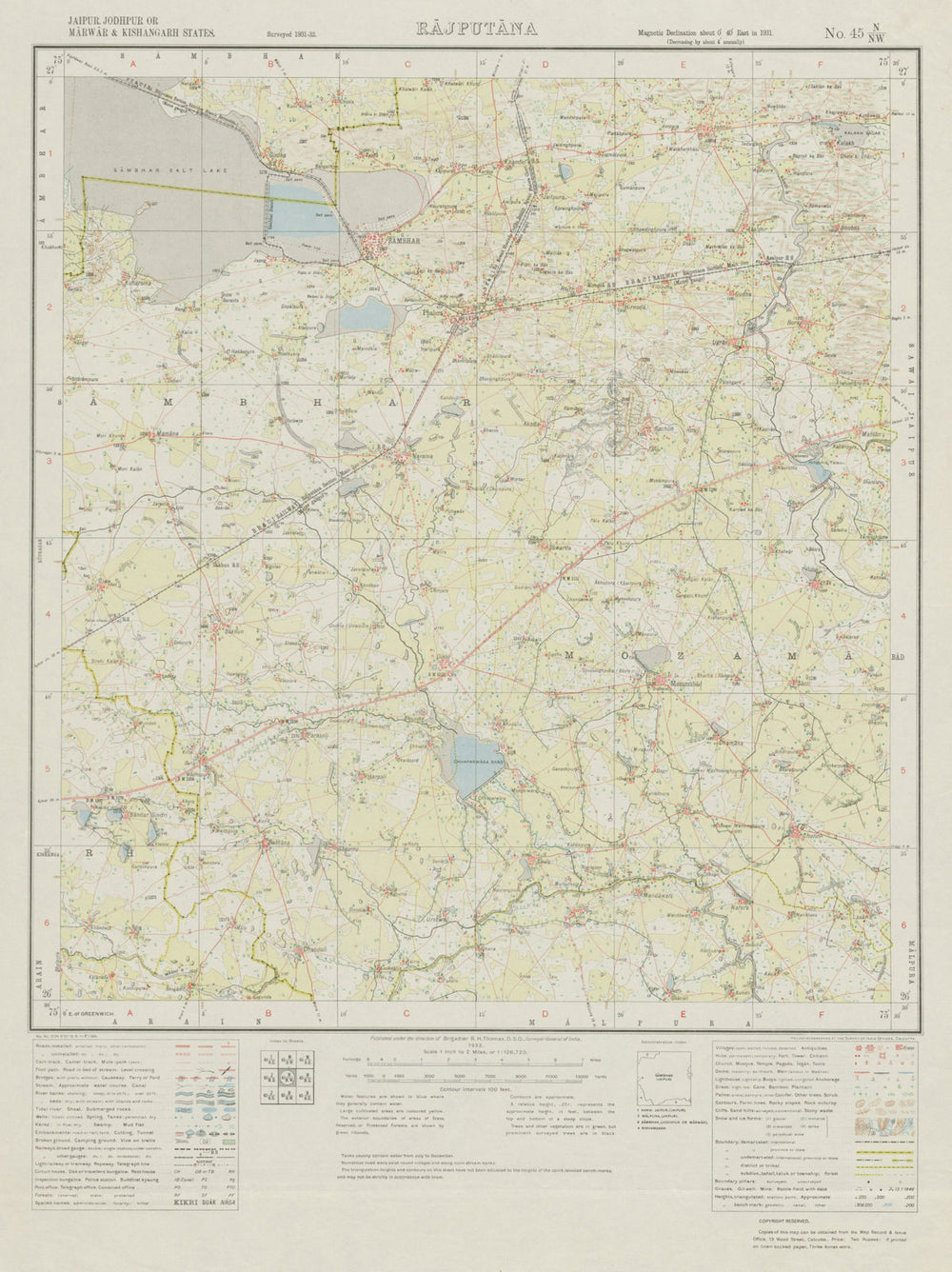 SURVEY OF INDIA 45 N/NW Rajasthan Naraina Phulera Jobner Sambhar Dudu 1933 map