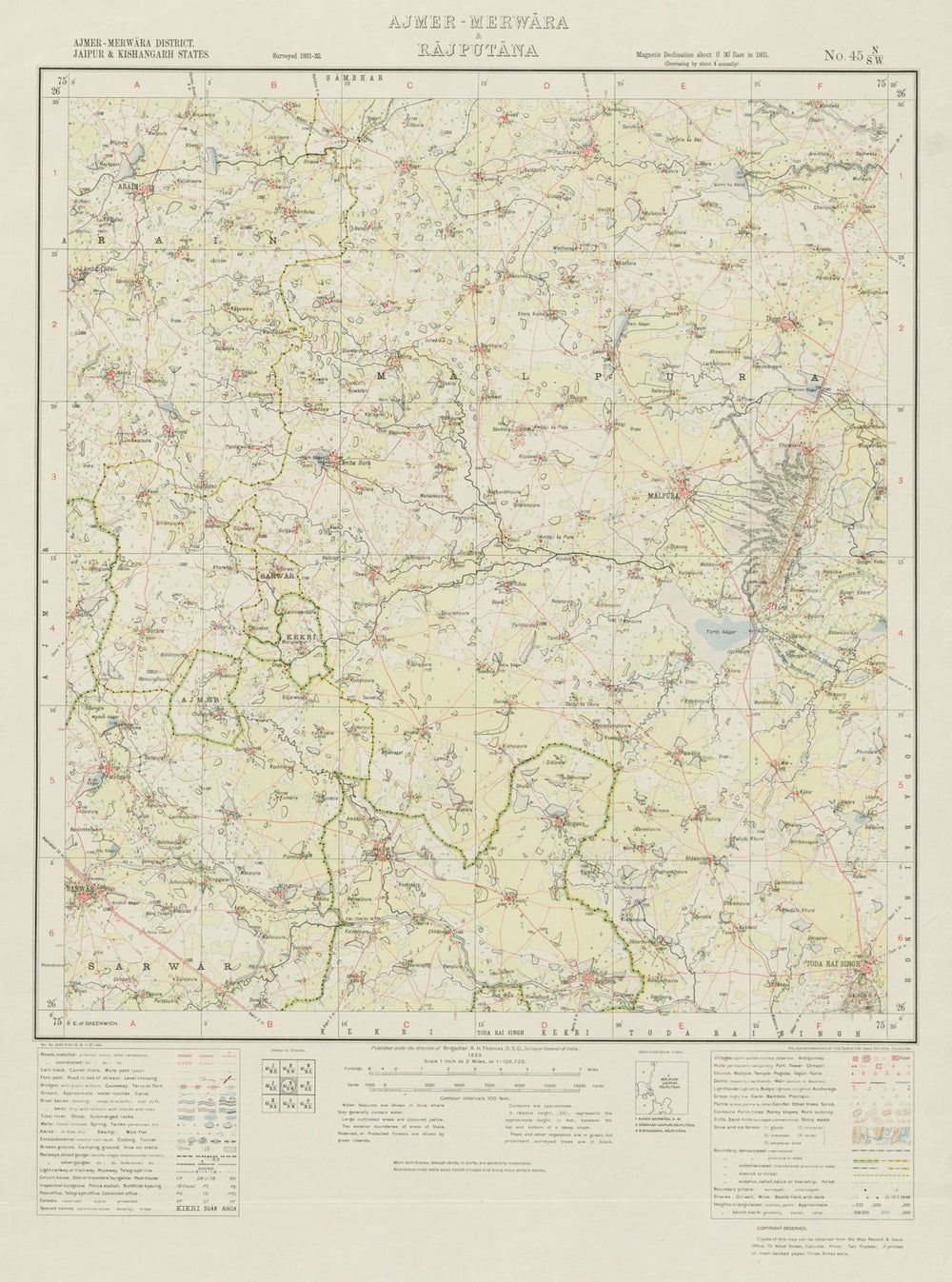 SURVEY OF INDIA 45 N/SW Rajasthan Malpura Todaraisingh Junia Sarwar 1933 map