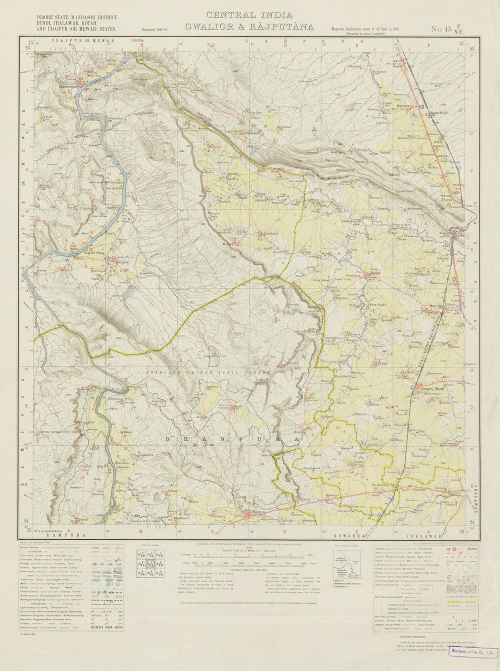 SURVEY OF INDIA 45 P/NE Rajasthan Madhya Pradesh Rawatbhata Bhanpura 1938 map