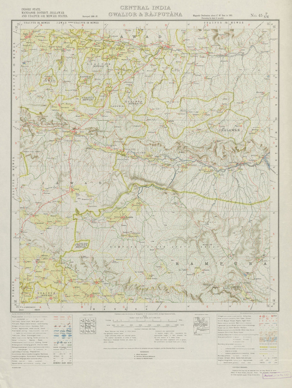 SURVEY OF INDIA 45 P/NW Rajasthan Madhya Pradesh Ratangarh Singoli 1938 map