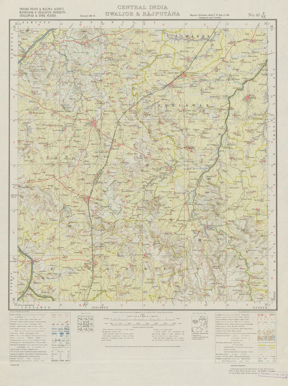 SURVEY OF INDIA 45 P/SE Rajasthan Madhya Pradesh Garoth Sunel Suwasra 1938 map