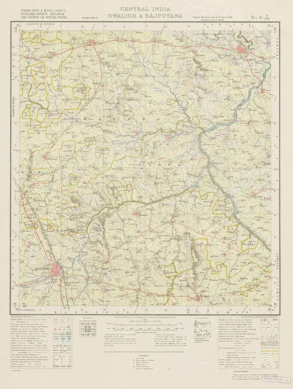 SURVEY OF INDIA 45 P/SW Madhya Pradesh Mandsaur Rampura Gandhi Sagar  1938 map