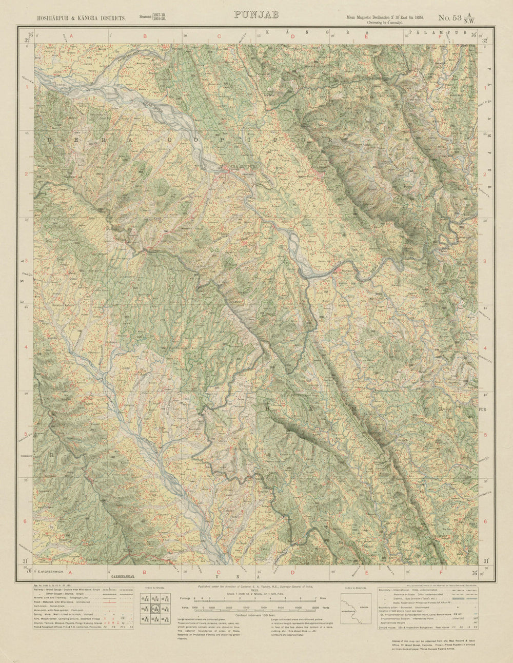 SURVEY OF INDIA 53 A/NW Himachal Pradesh Pragpur Nadaun Jawalamukhi Amb 1925 map