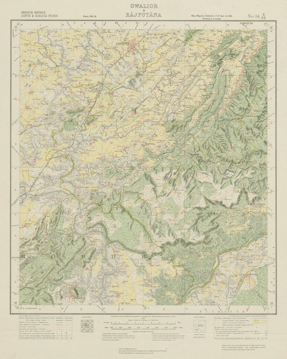 SURVEY OF INDIA 54 B/SE Rajasthan Gangapur Khandar Fort Karanpur 1924 old map