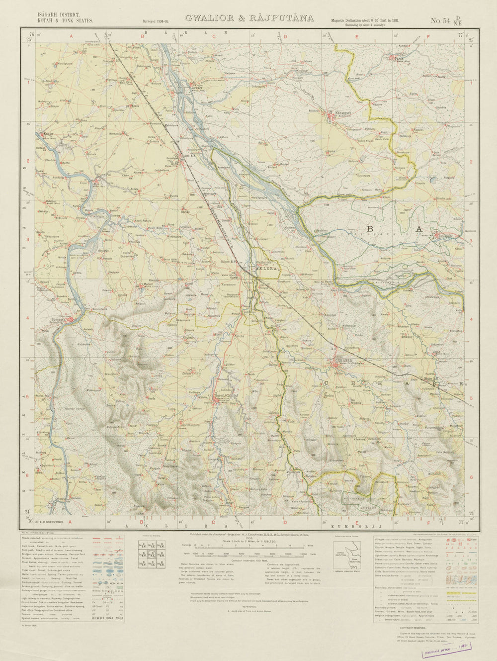 SURVEY OF INDIA 54 D/NE Rajasthan Chhabra Chhipa Barod Fatehgarh Gugor 1936 map