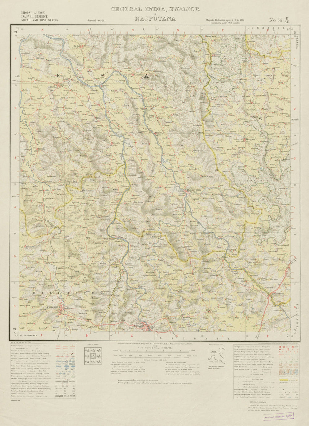 SURVEY OF INDIA 54 D/SE Rajasthan Madhya Pradesh Rajgarh Sarthal Aklera 1936 map