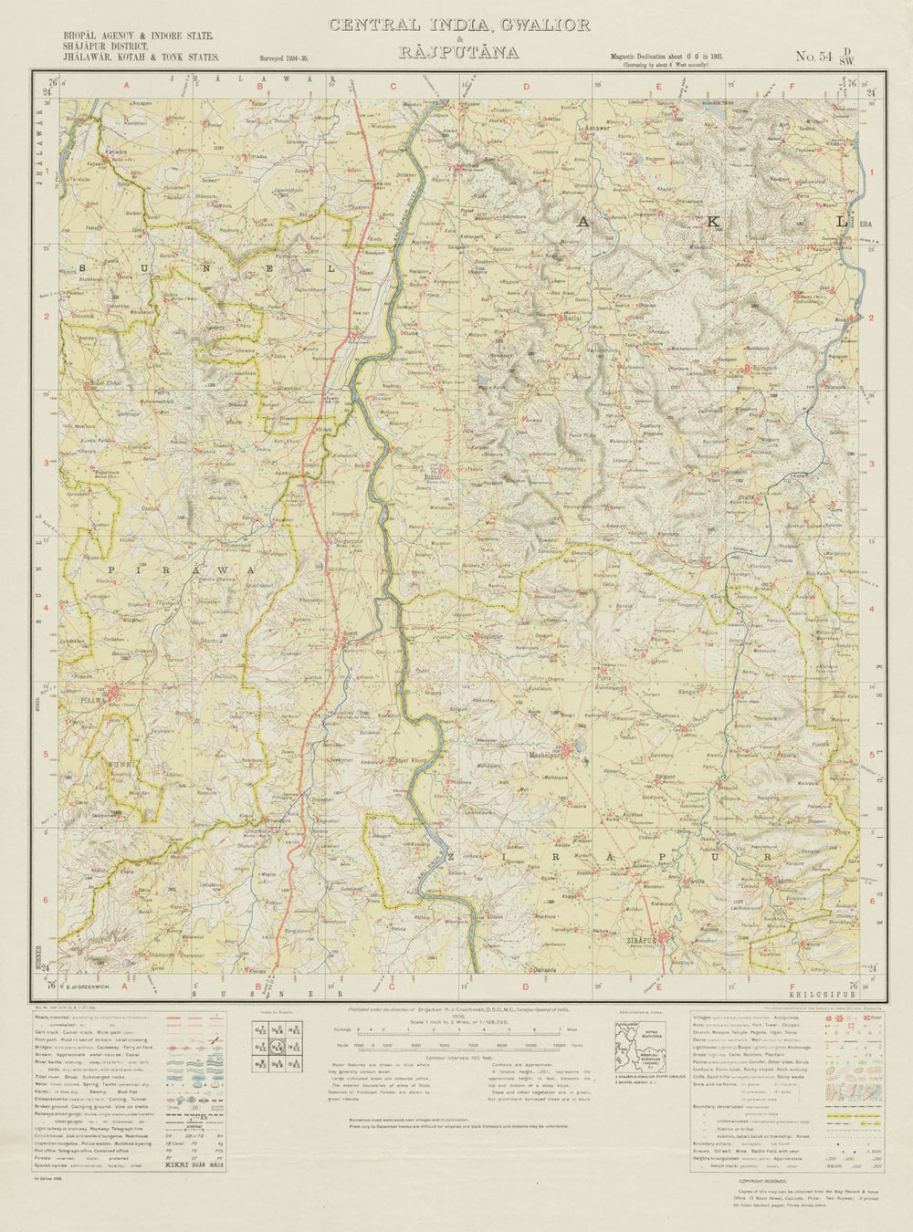 SURVEY OF INDIA 54 D/SW Rajasthan Madhya Pradesh Pirawa Jirapur Soyat 1936 map