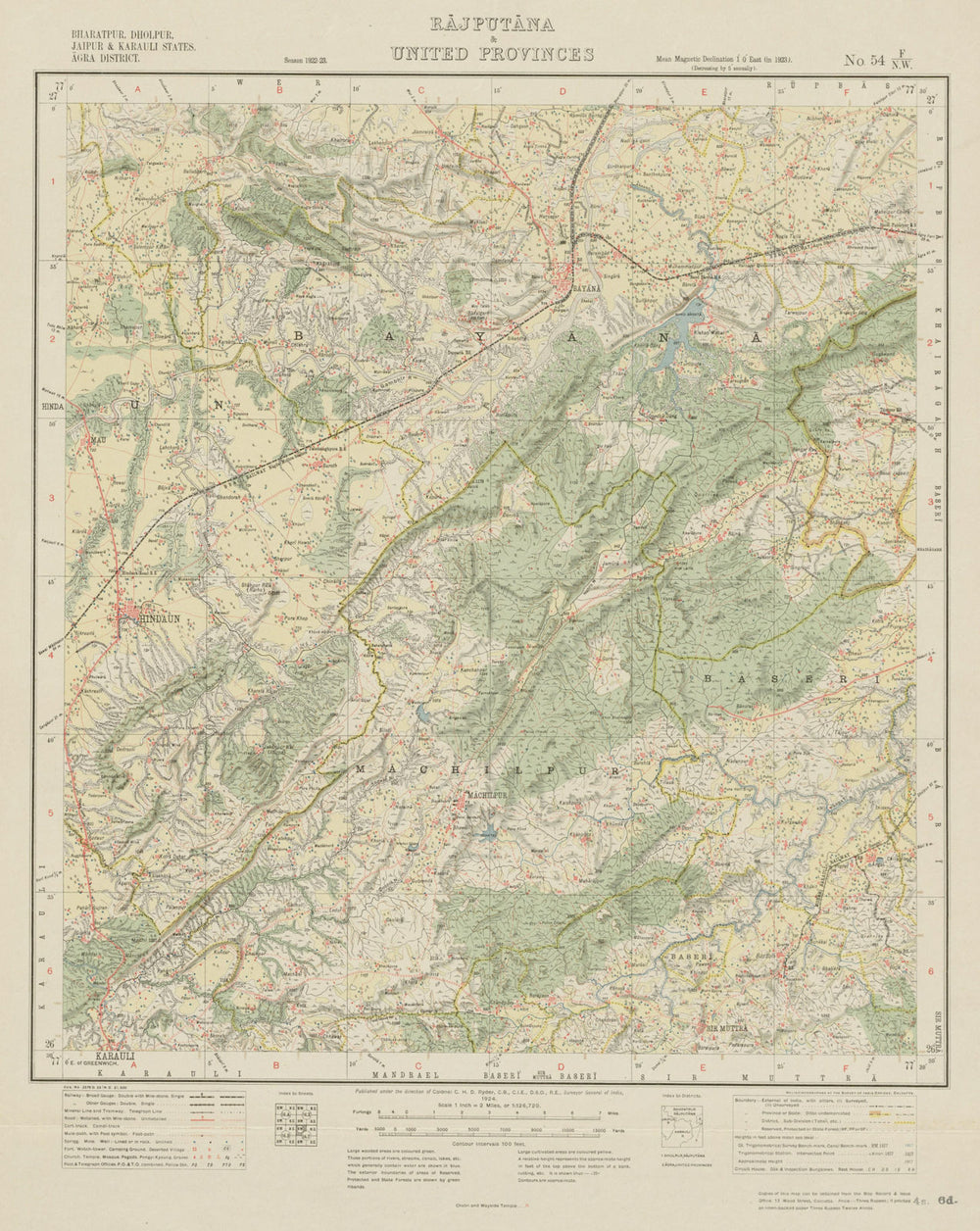 SURVEY OF INDIA 54 F/NW Rajasthan Hindaun Machilpur Karauli Bayana  1924 map