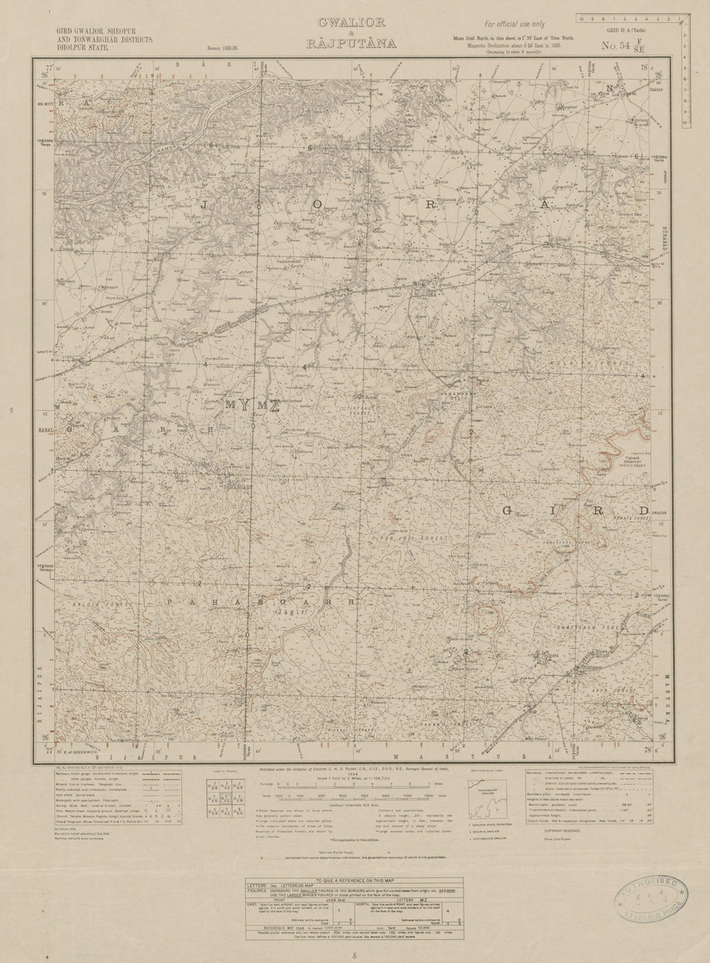 SURVEY OF INDIA 54 F/SE Madhya Pradesh Kailaras Pahadgarh Joura Ther 1924 map