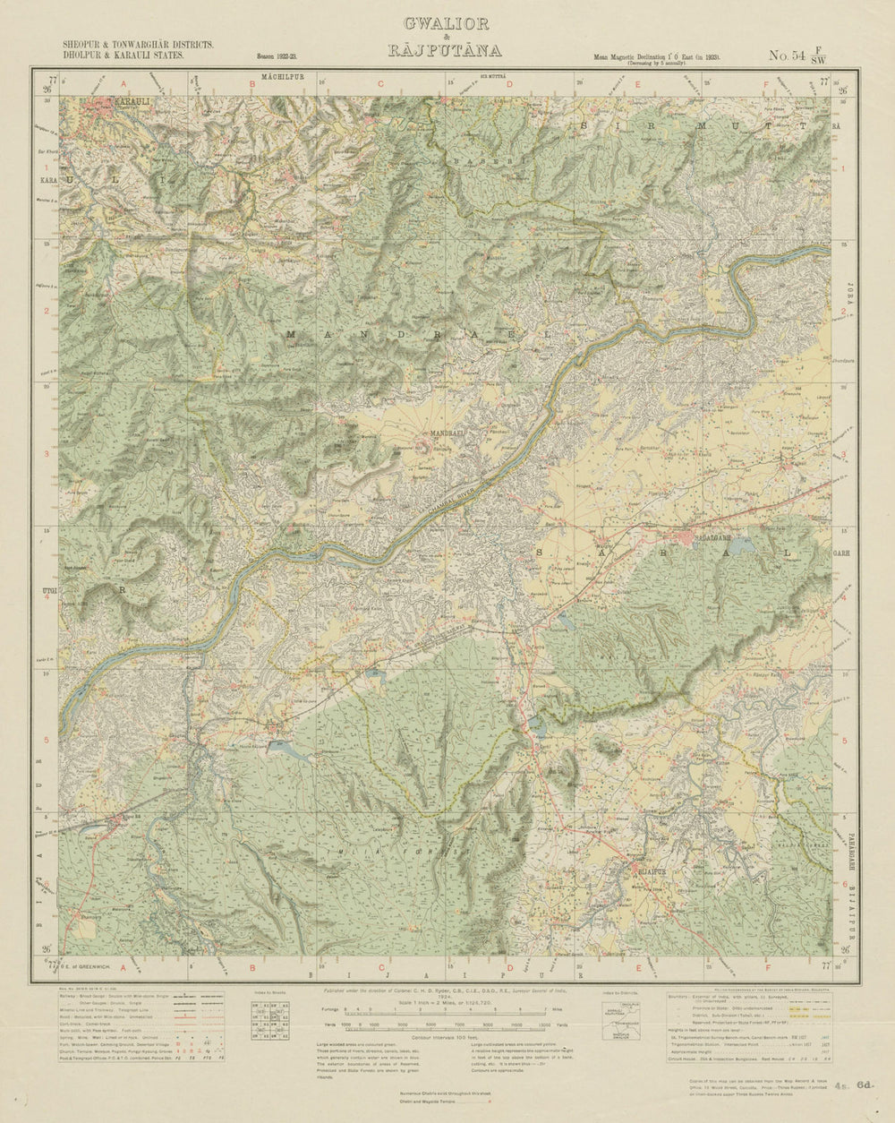 SURVEY OF INDIA 54 F/SW Rajasthan/Madhya Pradesh Mandrayal Sabalgarh 1924 map