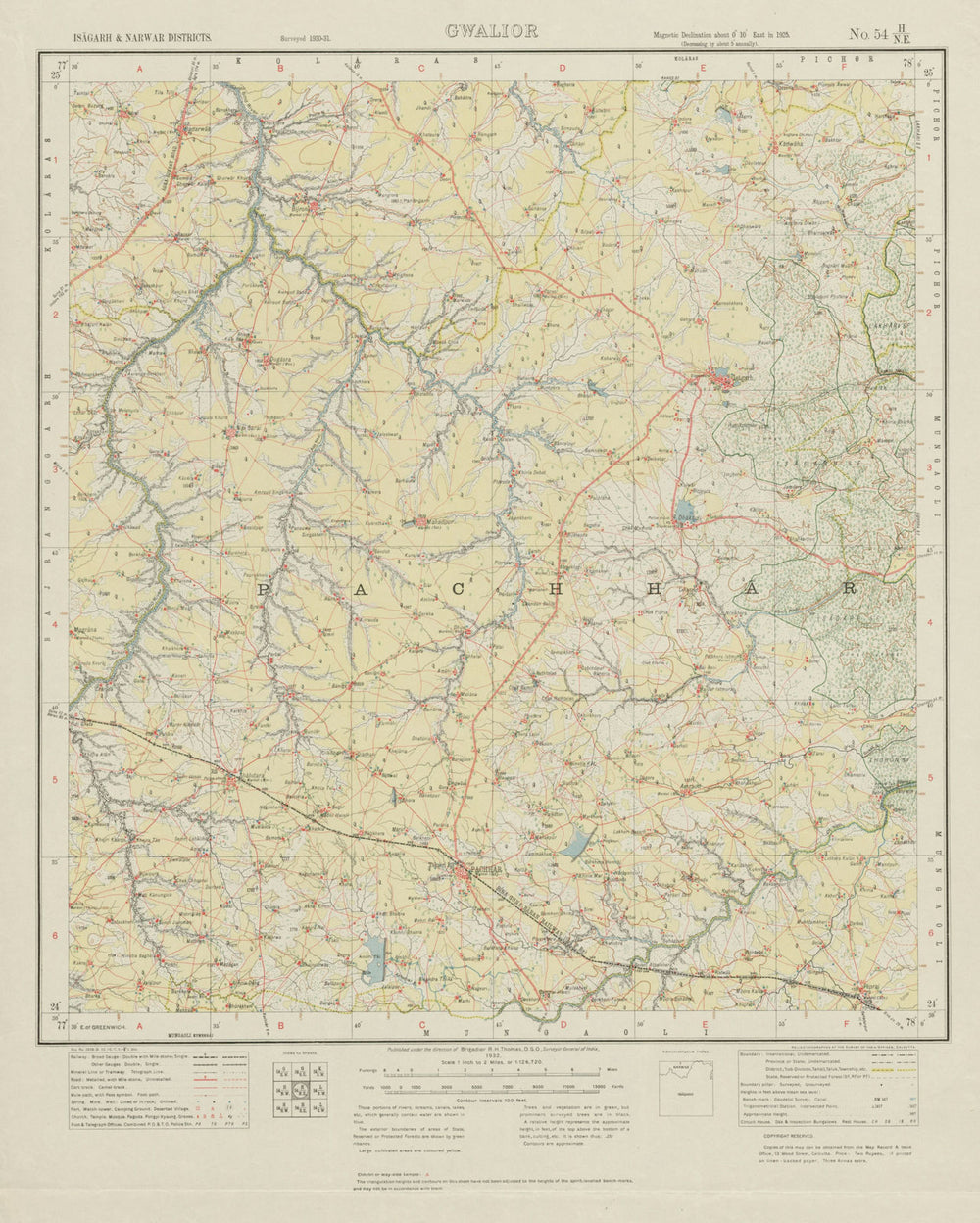 SURVEY OF INDIA 54 H/NE Madhya Pradesh Isagarh Shadora Ashnoknagar 1932 map